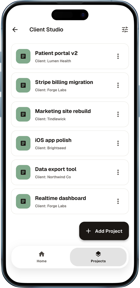 The same Brique shown as a list, table, board, or calendar on a phone